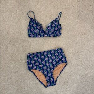 J. Crew Navy Bikini suit with Pink and Green block print floral suit